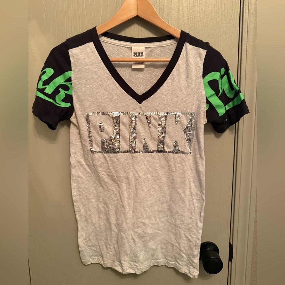 PINK Victoria's Secret Sequined Grey Cotton Blend Jersey Style Top Size S